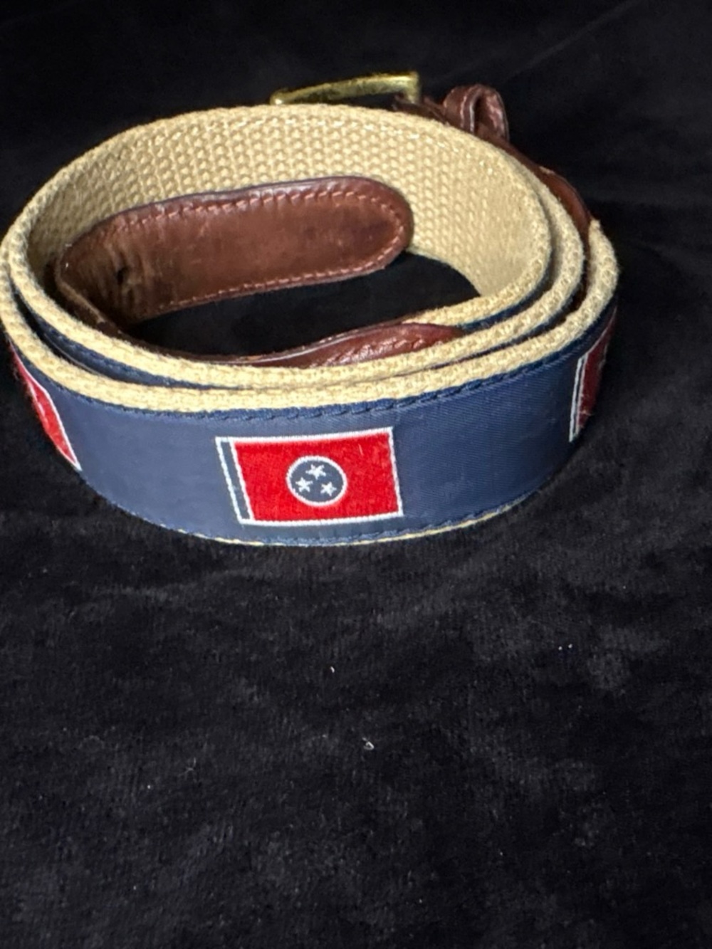 Volunteer Traditions TN Flag Webbing Belt Size 32 Tan Blue Leather Preppy VGUC